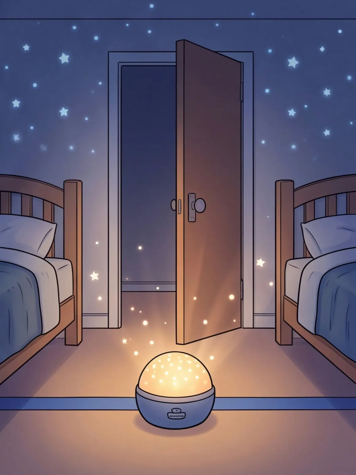 Ein Sternenlicht auf einem blauen Klebestreifen wirft Sterne an die dunkle Decke