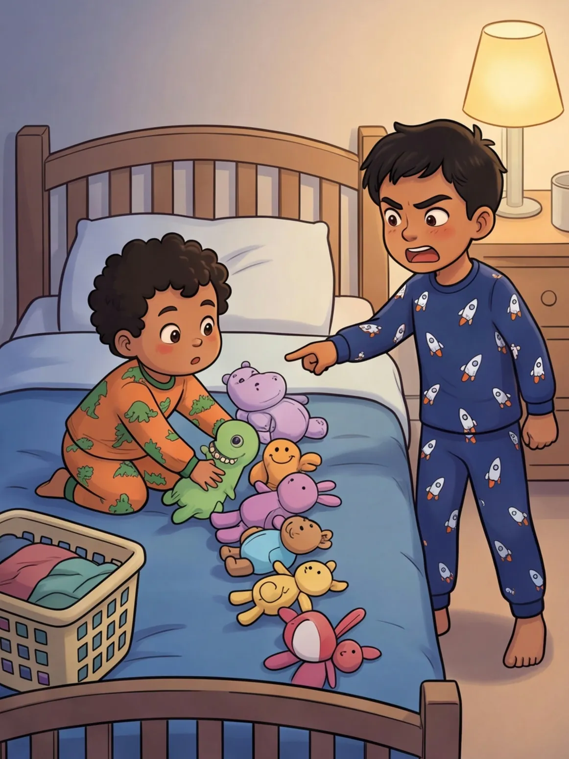 Bilal setzt seine Kuscheltiere in einer Reihe auf Yusufs Bett, Yusuf ist empört