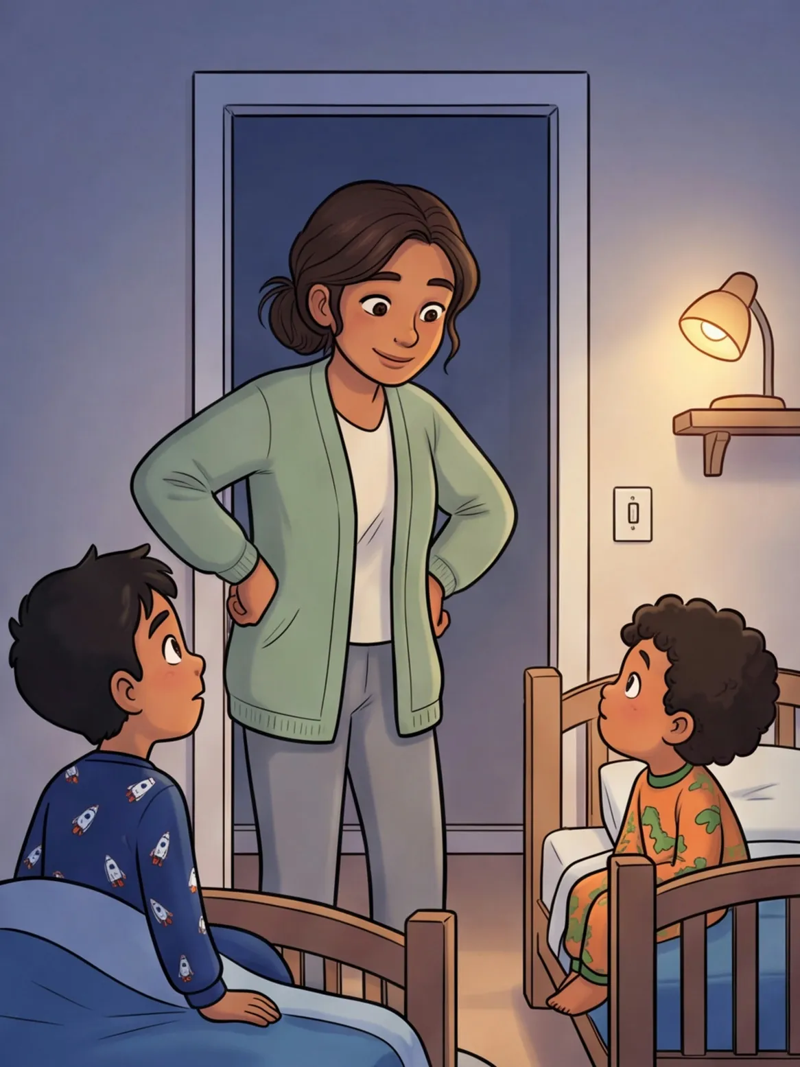 Mama steht lächelnd in der Tür, die Jungen schauen aus ihren Betten zu ihr