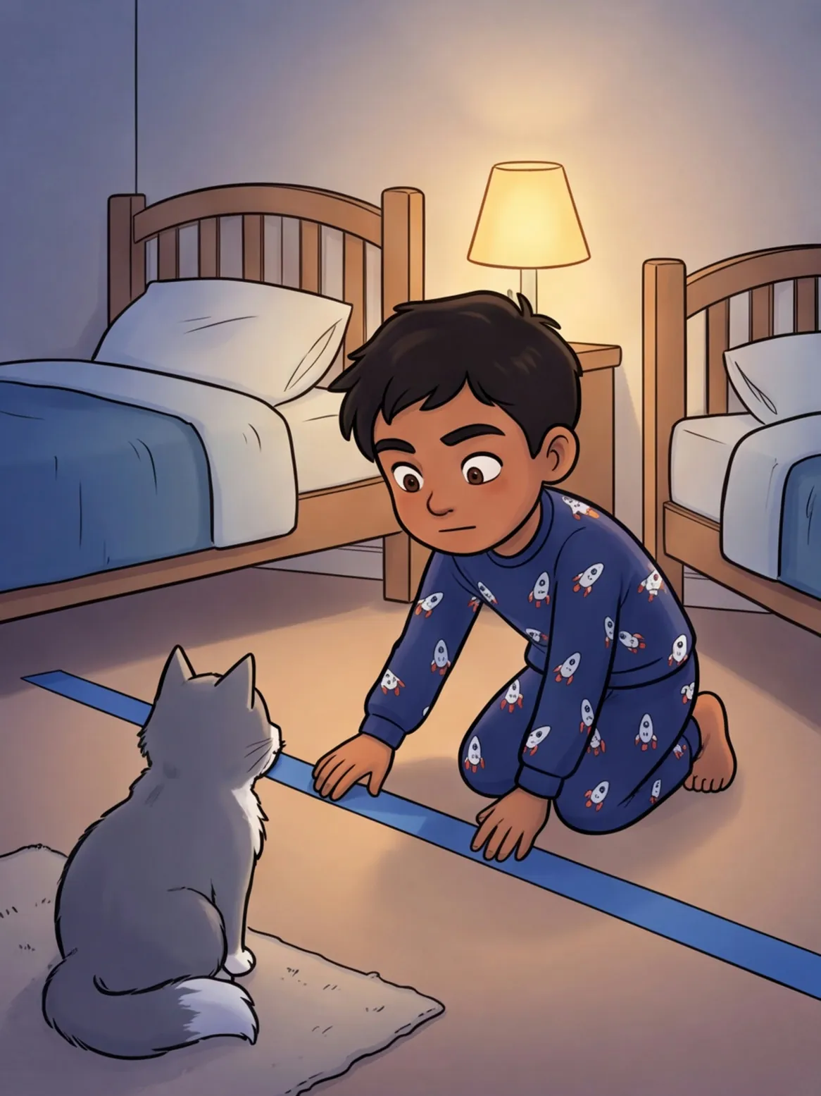 Yusuf klebt einen blauen Streifen quer durchs Zimmer