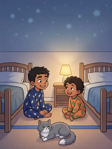 Yusuf und Bilal sitzen grinsend zu beiden Seiten eines blauen Klebestreifens, Kater Simsim liegt quer darüber