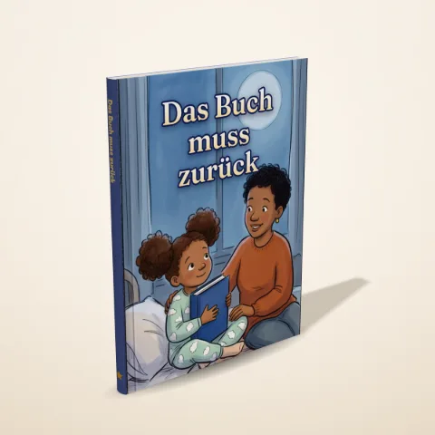 „Das Buch muss zurück“ als gedrucktes Hardcover-Bilderbuch