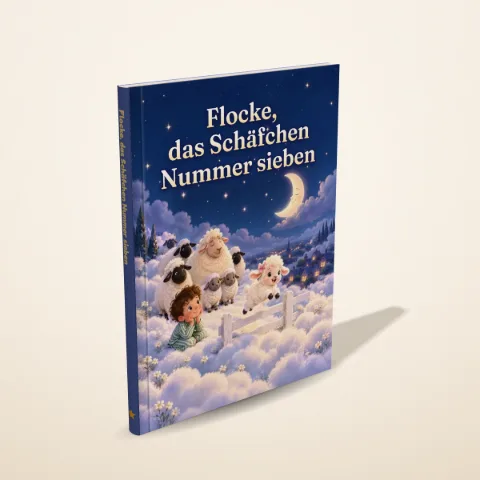 „Flocke, das Schäfchen Nummer sieben“ als gedrucktes Hardcover-Bilderbuch