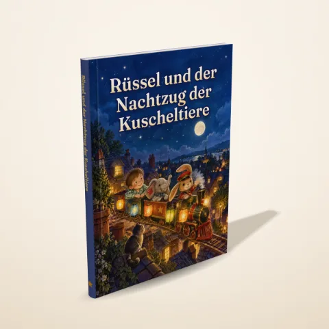 „Rüssel und der Nachtzug der Kuscheltiere“ als gedrucktes Hardcover-Bilderbuch